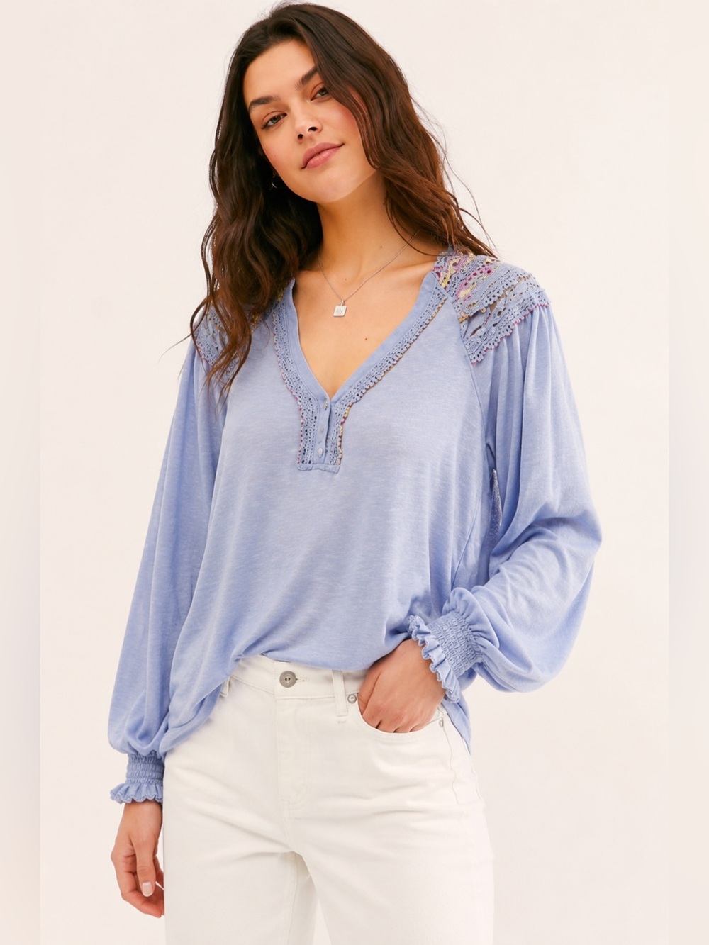 Free People Siesta Embroidered Top XS Blue Boho Peasant Lace Yoke NWT